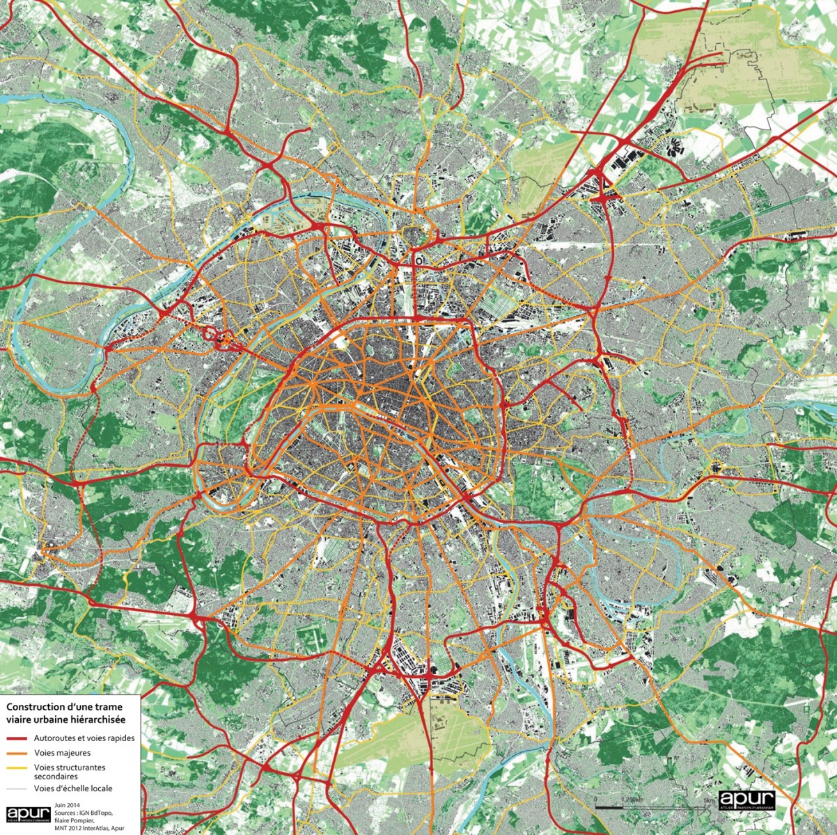 Carte : construction d'une trame viaire urbaine hiérarchisée © Apur