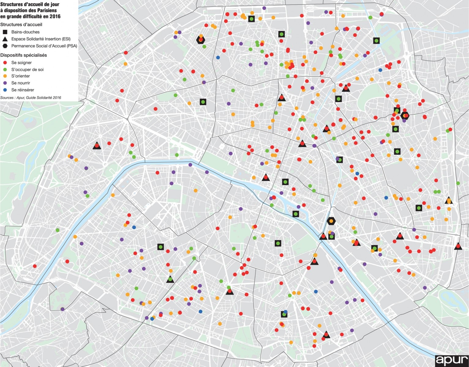 Carte : structures d'accueil de jour à dispostion des Parisiens en grande difficulté en 2016 © Apur