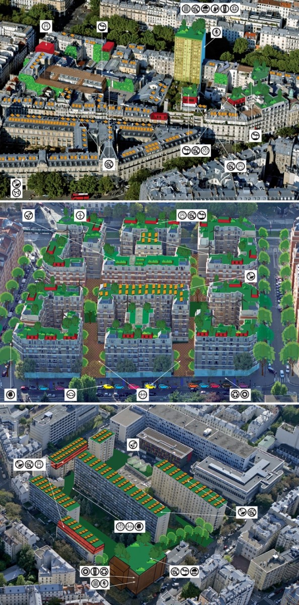 Exemples de projets sur 3 îlots parisiens (République, Bagnolet et Censier) © ph.guignard@air-images.net / photomontage : Paul Chemetoff