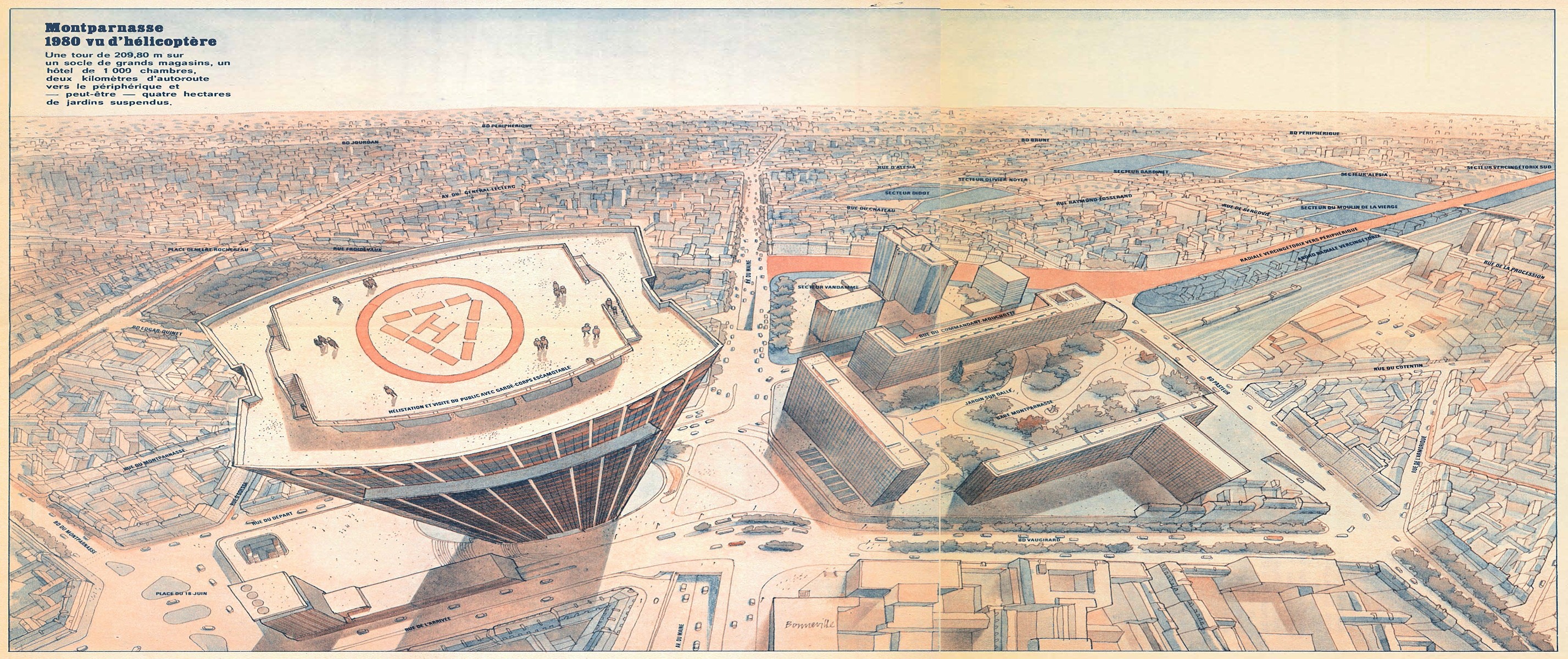 Vue 3D du projet d'aménagement du quartier Maine Montparnasse – Extrait Paris Match mars 1973 © Paris Match / Scoop