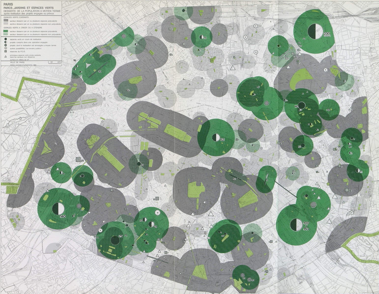 Carte des parcs, jardins et espaces verts avec la desserte de la population à moyen terme © Ville de Paris-Apur