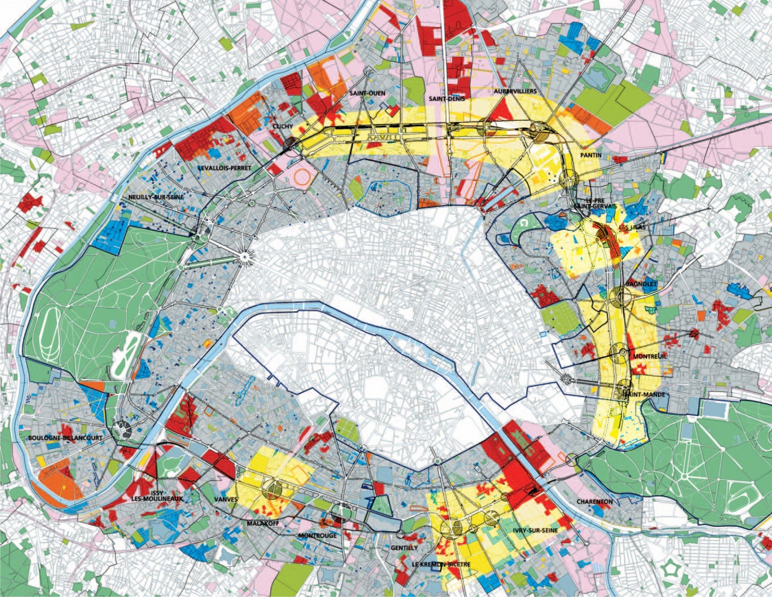 Carte sur le projet de renouvellement urbain de la couronne de Paris © Apur